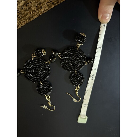 Beaded Drop Earrings Black, Seed Beaded Disc Drop Earrings, Statement 3.5” - Picture 10 of 10